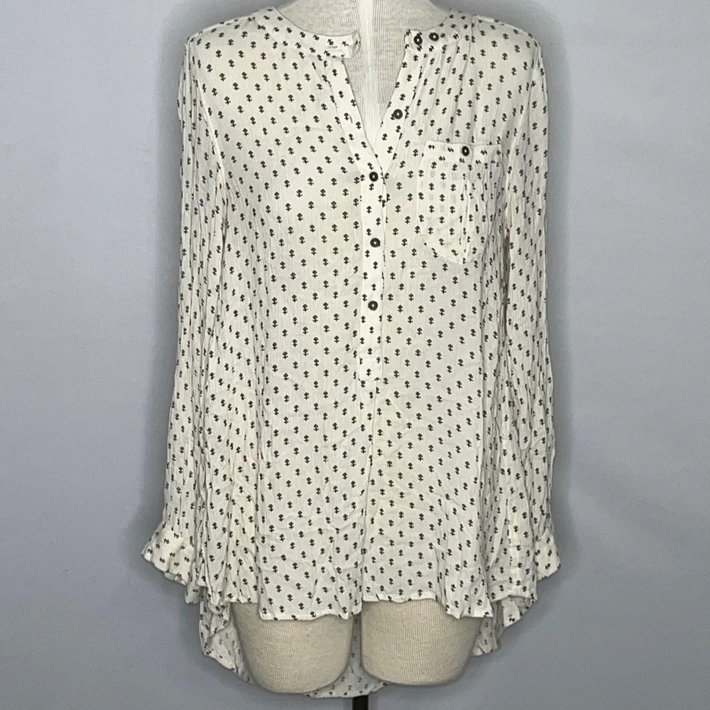 Free People Long Sleeve Hi Lo Hem Mandarin Collar 1/2 Button Tunic Top - Size XS